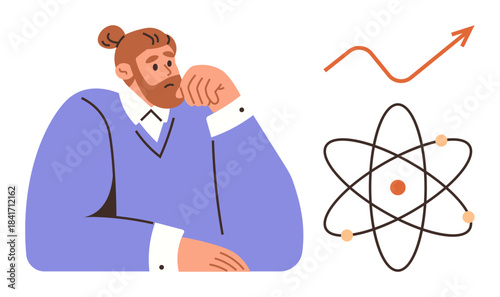 Pensive individual rests on hand, next to an atom diagram and upward arrow. Ideal for science, innovation, research, growth, strategy, curiosity brainstorming. Simple flat metaphor