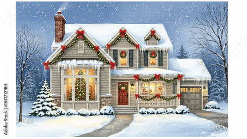 Watercolor First Christmas House with Lights and Garland, Festive Snowy Home Exterior Holiday Illustration