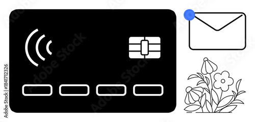 Digital payments, communication, online transactions, notifications, modern finance, and floral . A contactless credit card, email icon with alert and flowers. Digital payments and communication