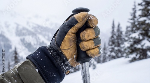 Close-up of a hand in a waterproof winter glove gripping a ski pole in the snow. Skier with outdoor gear in a cold mountain landscape during an adventure