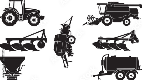 Collection of black silhouette farm machinery including tractor combine plow seeder and water tank