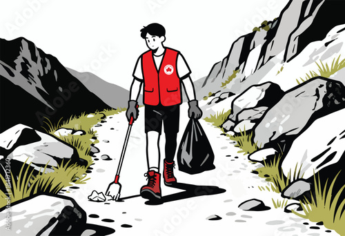 Young person cleaning mountainous terrain, collecting trash with a pick-up tool and bag