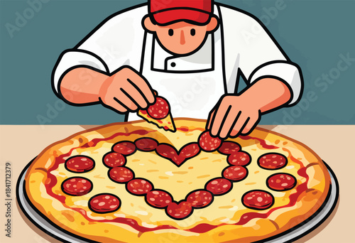 Chef making heart-shaped pepperoni pizza