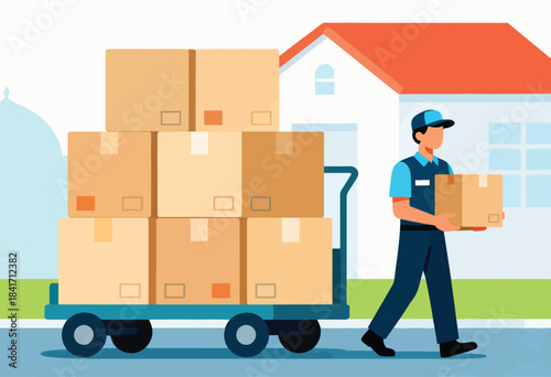 Delivery person with boxes on a cart in front of a house