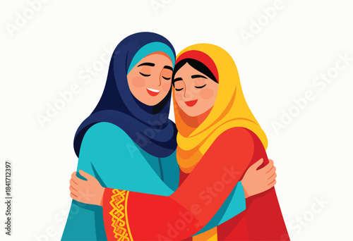 Two women in hijabs embracing with closed eyes and smiling faces