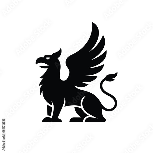 A striking black silhouette of a mythical griffin in profile view