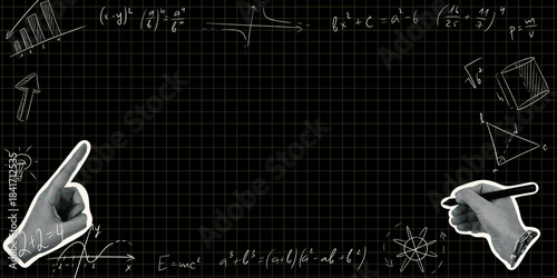 blackboard with formulas and hand signs. back to school, business, presentation  