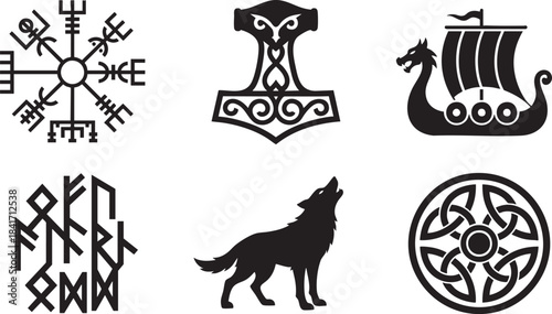 Collection of black viking symbols including a compass a hammer a ship a wolf and runes norse