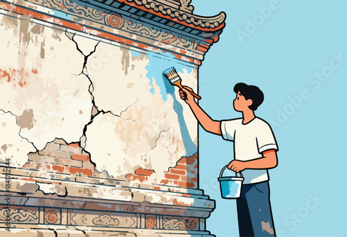 Person painting a damaged ancient wall
