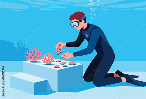 Diver observing and handling coral specimens on a platform underwater