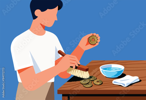 Man cleaning antique coins with brush and water