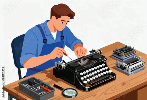 Person in overalls fixing an old typewriter with tools and a magnifying glass