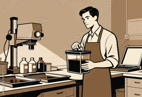 Man in dark apron developing prints in a darkroom with enlarger and chemicals