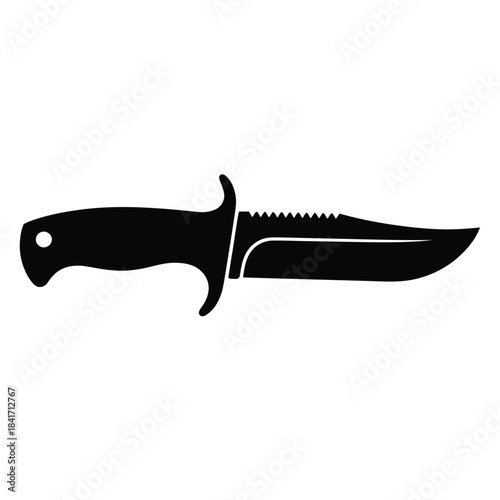 A simple black silhouette of a combat knife with a serrated blade