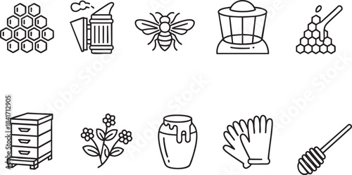 Collection of line art icons representing beekeeping tools honey and bees honeycomb hive