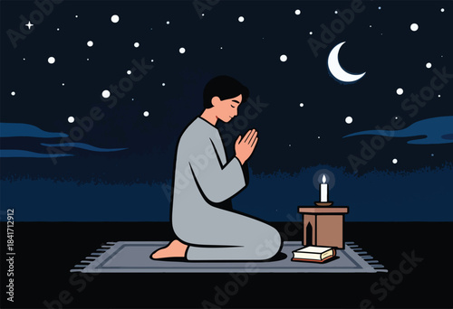 Person prays on rug under starry night sky with crescent moon