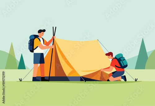 Two hikers set up a tent amidst a scenic landscape