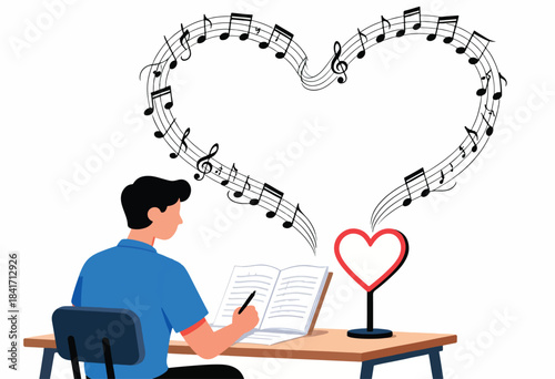Person writing music, notes forming heart above desk with heart-shaped lamp
