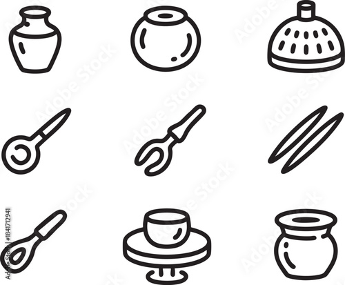 Collection of nine black line art icons depicting kitchen utensils and pottery vector