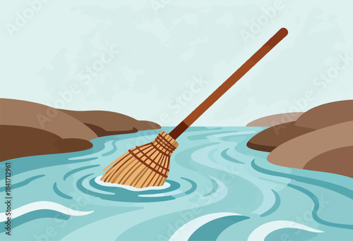 A wooden broom sweeps across a flowing river between brown, rocky banks