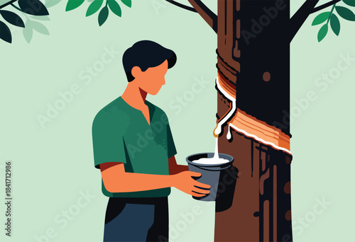 Farmer collects latex dripping from a tree into a bucket