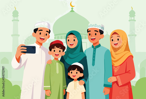Family selfie with mosque background