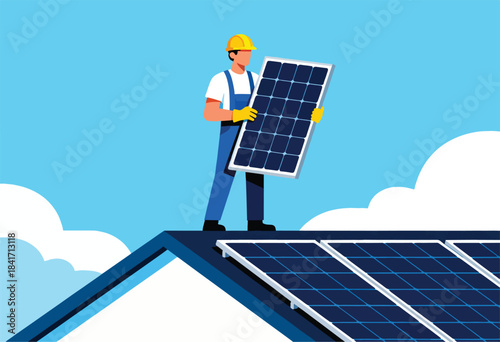 Worker installs solar panels on rooftop under clear blue sky