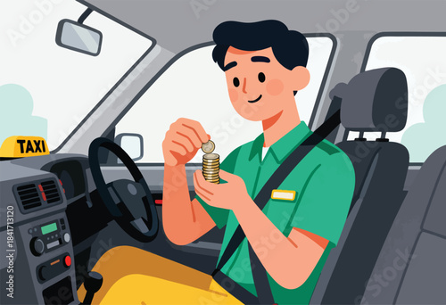 Smiling taxi driver counts coins while sitting in his car