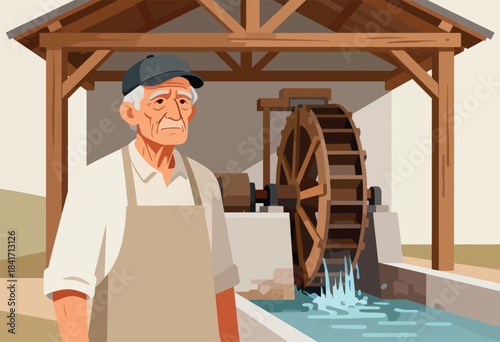 Elderly miller in apron & cap stands by a working water wheel, splashes of water fly