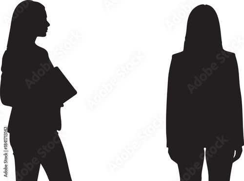 Silhouettes of two businesswomen standing apart on white background
