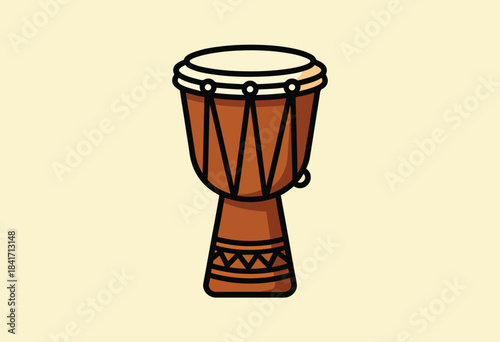 Stylized brown goblet drum with black outlines and decorative bands