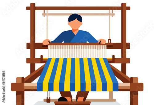 Person weaving fabric on a traditional loom with blue and yellow stripes