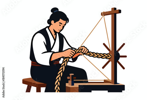 Person braiding thick rope on traditional equipment