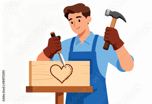 Craftsman carving a heart into wood with a chisel and hammer