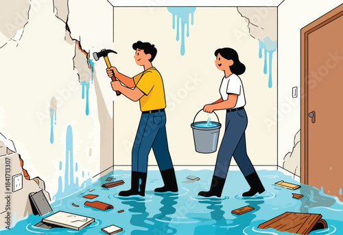 Couple cleans up water damage in a flooded room, one with a hammer, one with a bucket