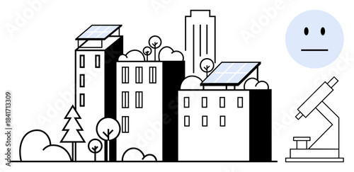 Renewable energy, urban sustainability, scientific research, environmental conservation, green technology, eco-friendly solutions. Buildings with solar panels, trees, a microscope and a neutral