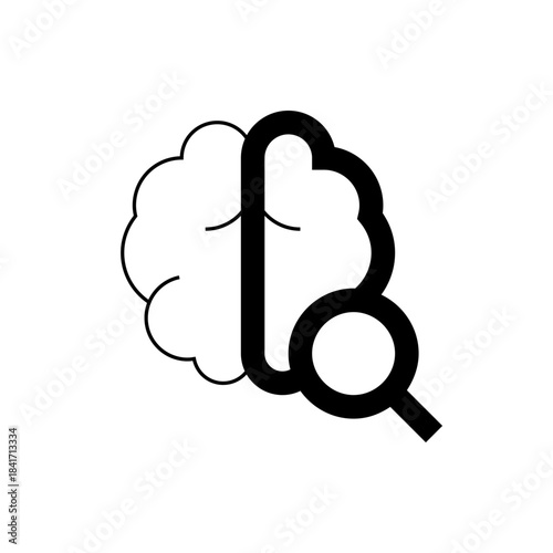 Magnifying Glass Examining Brain, Analytical Thinking, Black and White Illustration