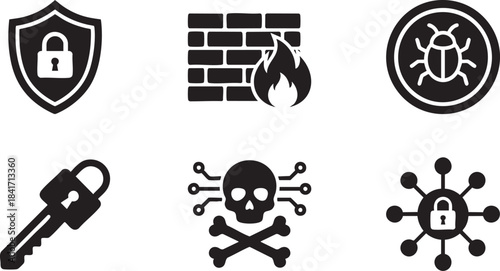 Collection of six black security and cyber threat icons on white background lock shield