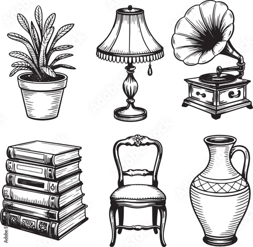 Hand Drawn Vintage Home Decor Set: Classic Furniture, Books, and Antique Items