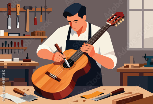 Craftsman meticulously works on a wooden acoustic guitar in his workshop