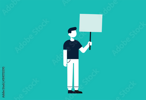 A person in a dark shirt and white pants holds a blank sign