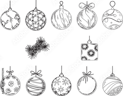 Hand Drawn Christmas Ornaments Set: Vintage Monocrome Holiday Bauble Collection