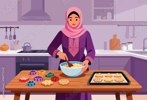 A person in a hijab preparing dough in a kitchen, surrounded by cookie cutters and baked goods