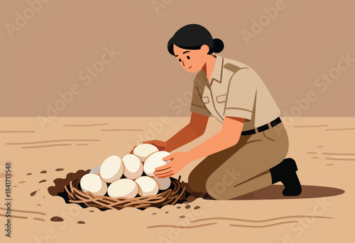 Person in uniform gently handles a nest full of large eggs on sandy ground