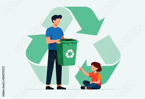 Man and child with recycling bin against large green recycling symbol