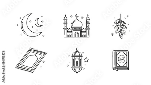 Ramadan and Eid al-Fitr celebration icons set with mosque, moon, dates, prayer rug, lantern, and Quran.