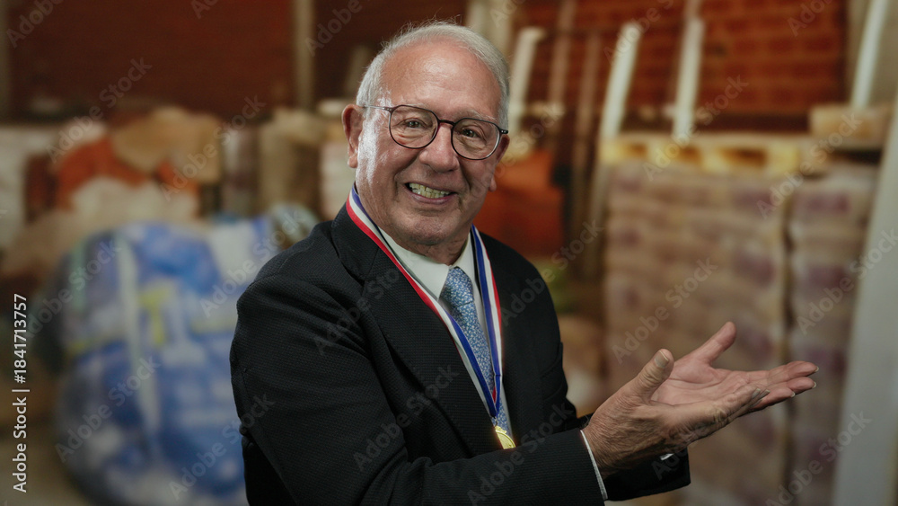 Naklejka premium Senior man in business suit proudly presents construction site indoors, wearing a medal, exuding confidence and leadership amidst building materials and bricks.