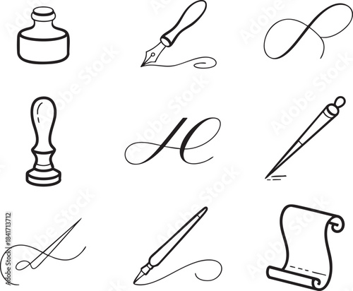Collection of vintage writing tools inkwell pen quill stamp and scroll vector