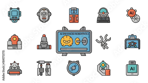 Set of AI and Robotics Icons with Modern Technology Themes.
