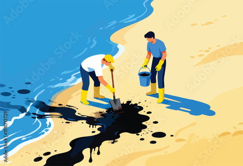 Two people cleaning up an oil spill on a beach